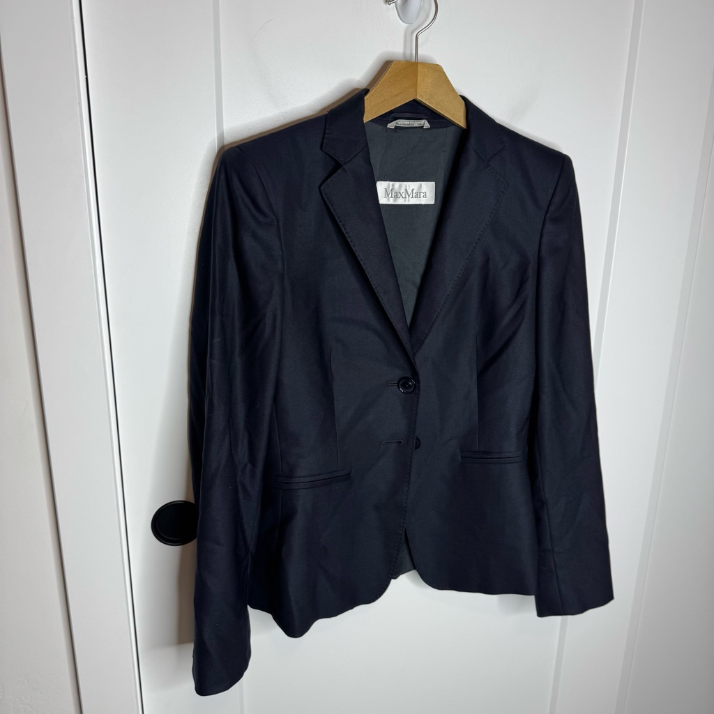 Maxmara Navy Blue Wool Blazer Jacket Shoulder Pads Career Office Silk Size 4